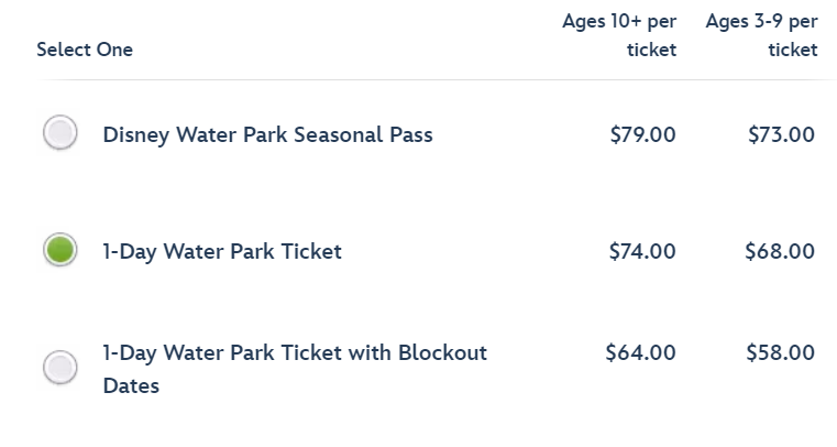 How much does it cost to go to Disney World water parks?