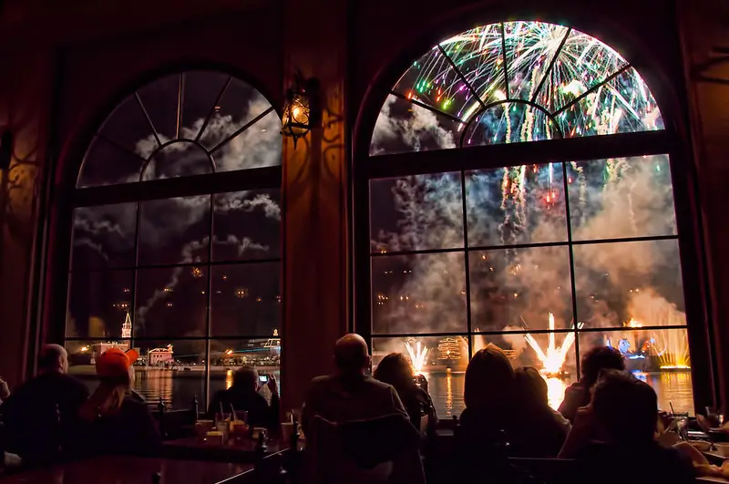 fireworks displaty at EPCOT's seen from La Hacienda de San Angel